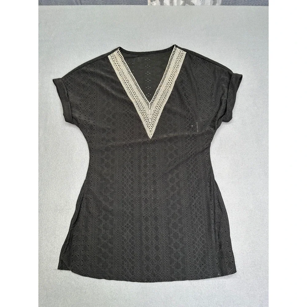 Shein Boho Black Eyelet Crochet Trim V-Neck Swim Cover Up Tunic Size Medium US 6